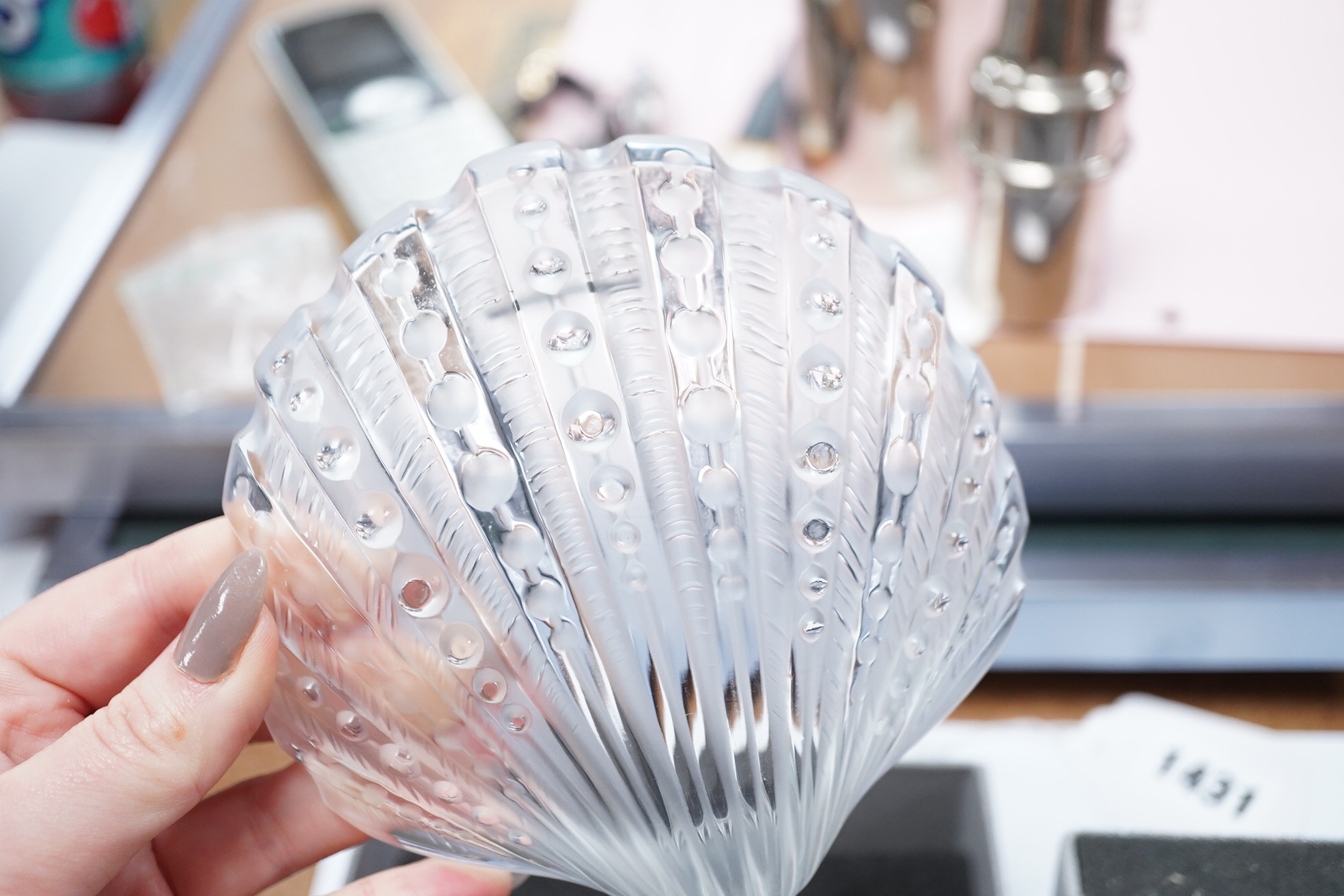 Three items of modern Lalique glass comprising paperweight in the form of a heart, shell dish and mouse, two boxed, largest 12.5cm. Condition - good